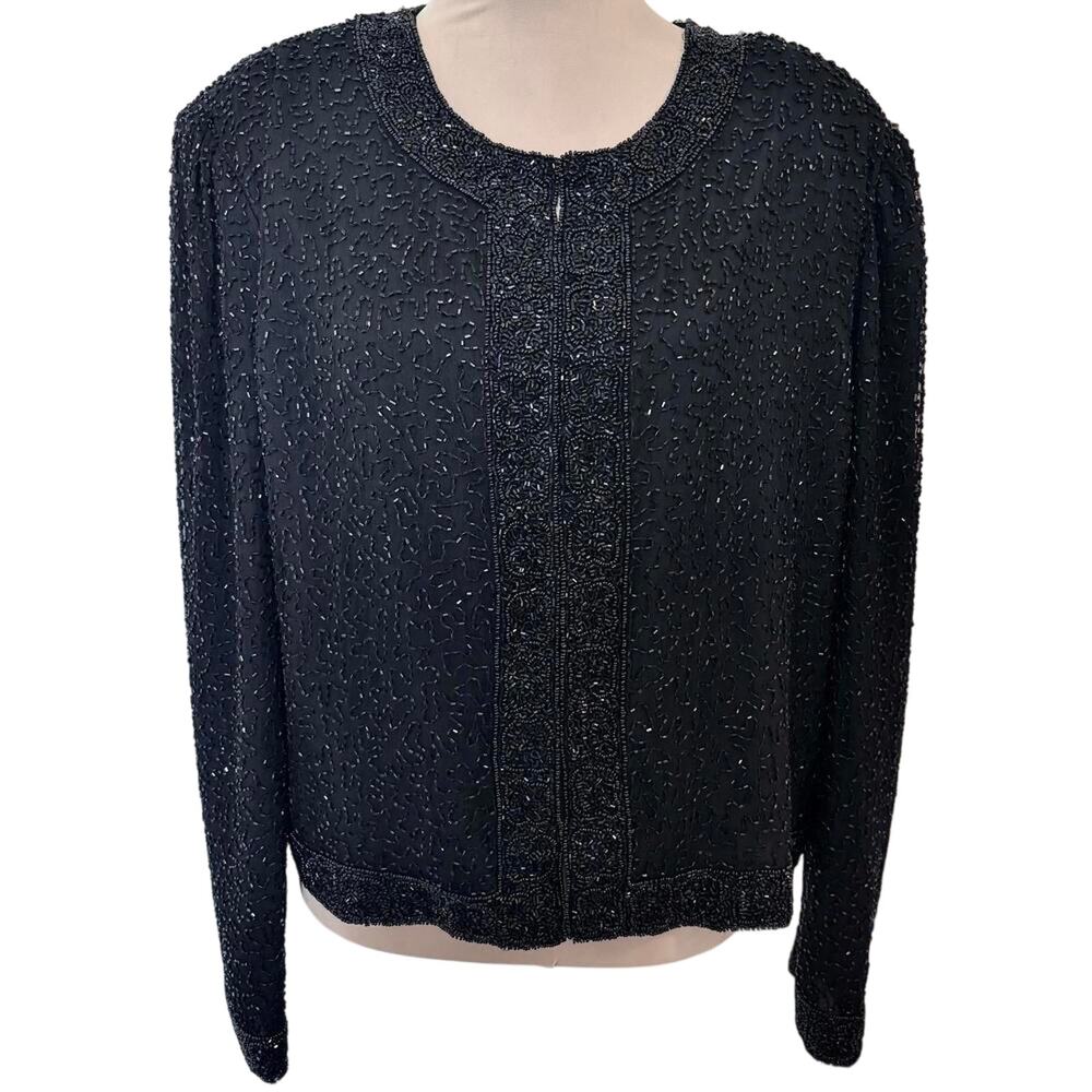 Vintage 80's Laurence Kazar 100% Silk Beaded Jeweled Short Jacket Retro Goth